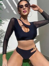 2023 New Solid Black Long Sleeve Bikini Set Two Piece Swimwear Women's Beach Suit P230530