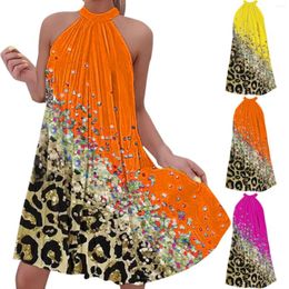 Casual Dresses Sexy Sleeveless Hanging Neck Press Pleated Dress Fashion Leopard Print Patchwork Colour Beach Big Swing Sundress Elegant