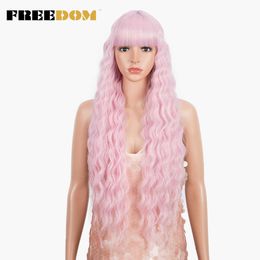 Women Synthetic Wigs For Women Super Long Deep Wave Wig With Bangs 32 Inch Blonde Wig perruque Black Pink Cosplay Wig 230524