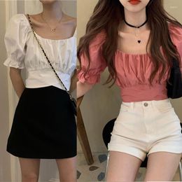 Women's Blouses Cute Puff Sleeves Shirts For Women Girls Fashion Back Lace Up Crop Tops Sexy Backless U Neck Solid T