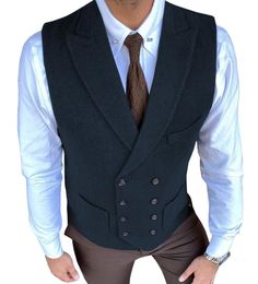 Jackets Men Suit Vest Green Brown Double Breasted Herringbone Pattern Notch Lapel Waistcoat Casual Groomsmen For Wedding Clothing