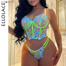 Briefs Panties Ellolace Luxury Lingerie Sexy Floral Embroidery Set Woman 2 Pieces Underwire Bra Thongs Exotic Intimate Neon Green Underwear L230518