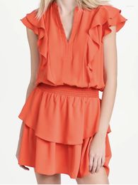 Casual Dresses Merodi Girls Spring Elegant V-Neck Sleeveless Solid Tiered Womens Fashion Ruffles Elastic HIgh Waist Orange Mini Dress