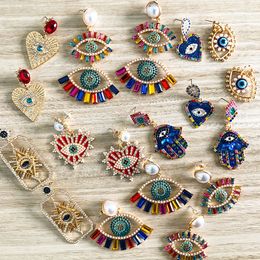 JUJIA Trendy Ethnic Love Heart Shape Evil Eye Drop Earrings For Women Vintage Statement Crystal Dangle Earring Jewellery Gift