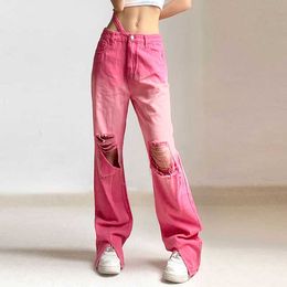 Jeans strappati per le donne 2023 New Fashion Streetwear Gradient Split Jeans a vita bassa Chic pantaloni dritti a figura intera Y2k