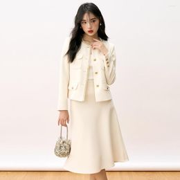 Two Piece Dress Spring Summer French Skirt Suit Women Long-sleeved Round Collar Single-breasted Top A-line Knee Matching Set