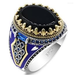 Cluster Rings Genuine 925 Sterling Silver Men Ring With Black Agate Stone Blue Enamel Male Crown Vintage Turkish Handmade Jewellery Gift