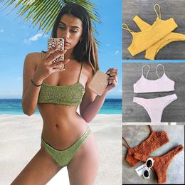 2023 Yellow Ruffle Hooked Sexy Bikini Set Women's Push Up Pad Bra Biquini Triangle Swimwear Drone P230530