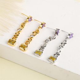 Stud Earrings Luxury Shiny 18K Copper Gold Plated Swing Cuban Connect Chain Silver Cubic Zirconia Women's Jewellery