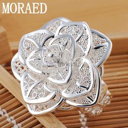 Band Rings 925 Sterling Silver Rings Fashion Rose Flower Open Finger Rings For Women Wedding Engagement Party Jewelry Gift J230531
