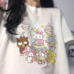 T-Shirts Y2k Short Sleeve Sanrioed Kittyed Cat Melodyed Cinnamorolled Tshirt Female Summer Cartoon Printed Korean Student Loose Tops Za