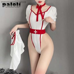 Sexy Set Pli Backless Deep V Neck Women Nurse Uniform See Through Patchwork Cosplay Come Tempatation Sexy Bodysuit Japanese Set New T230531