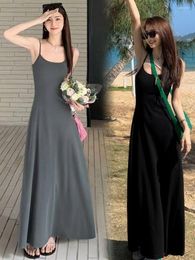 Casual Dresses Summer Black Dress Womens Straps Sleeveless Sexy Korean Fashion Grey Suspender Simple Temperament Longuette Skirt