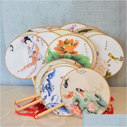 Party Favour Chinese Vintage Round Hand Fan Retro Wedding Gift Classical Dance Fans Flower Print Prop Wholesale Vt1048 Drop Delivery Dh9Y1