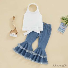 Clothing Sets Girls Summer Outfit Kid Children Solid Colour Sleeveless Halter Vest and Denim Pants