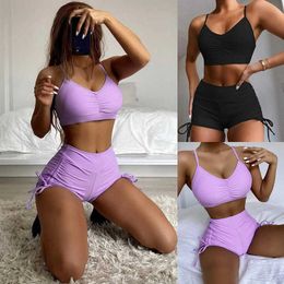 Drstring High Waist Bikini 2023 New Solid Women's Black Beach Bathroom Swimwear P230530