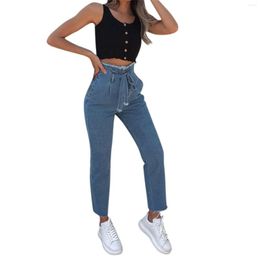 Women's Jeans Women Frayed Stretch Denim Casual High-Rise Fasion Women's Lace-Up Pencil Pants Drawstring Femme Trousers