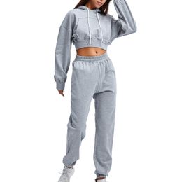 Tracksuits Women's solid Colour track field suit autumn and spring two-piece running set casual long sleeved hooded sweatpants P230531