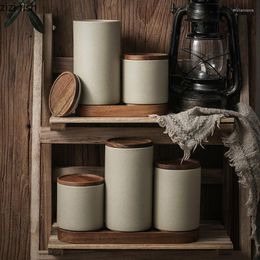 Storage Bottles Retro Ceramic Jar Tea Coffee Jars Wooden Lid Sealed Can Organiser Box Home Kitchen Food Containers Items