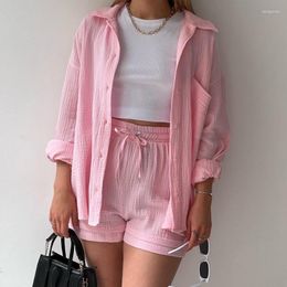 Women's Blouses 2023 Pleated Shirt And Drawstring Shorts Women 2 Piece Set Long Sleeve High Waist Fashion Outfits Casual Pocket Lady Suit