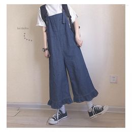 Women's Jumpsuits Korean Style Women Casual Ruffles Denim Romper Vintage Suspender Bib Overall 2023 Spring Loose Wide Legs