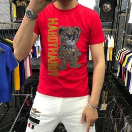 Men's Rhinestone T-shirt Trendy Bear Pattern Design Pure Cotton Male Short Sleeves Tees Summer Homme Tops Casual Streetwear Clothing