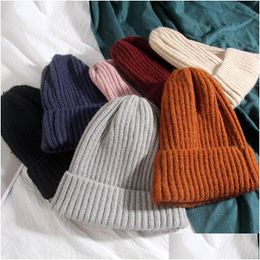 Other Home Textile Solid Colour Wild Knitted Hat Fashion Female Autumn Winter Woollen Uni Thick Warm Light Board Hedging Melon Vt1795 Dhnzf