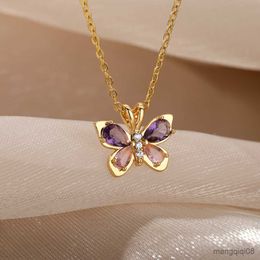 Pendant Necklaces Cute Butterfly Necklace For Women Crystal Purple Aesthetic Charms Choker Party Stainless Steel Jewelry Gift