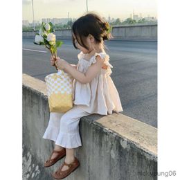 Clothing Sets Caofeimao Children Set Girl's Summer Suit 2023 Flower Embroidery Flying Sleeve TopandPant