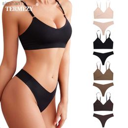 Briefs Panties TERMEZY Women Seamless Bra Set Sexy Thong Low Waist Panties Wire Free Bra Bralette Lingerie Wireless Brassiere Female Underwear L230518