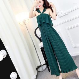 Women's Jumpsuits Summer Women Spaghetti Strap Ruffled Halte Backless Chiffon Pleated Wide Leg Pants Solid Full Length Jumpsuit