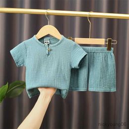 Clothing Sets 0-5Y Boys Girls Summer Cotton Linen Buttons T-shirts Shorts Kids Clothes Casual Muslin Suit for Children