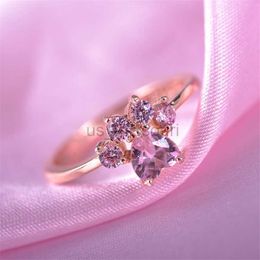 Band Rings Cute Cartoon Cat's Paw Crystal Engagement Design Hot Sale Rings For Women Pink Zircon Cubic Elegant Rings Female Wedding Jewellery J230531