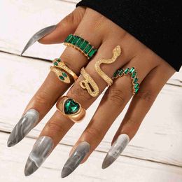 Band Rings New Crystal Snake Shape Ring Set For Women Rhinestone Heart Gold Color Geometric Knuckle Rings Girls Wedding Finger Jewelry Gift J230531