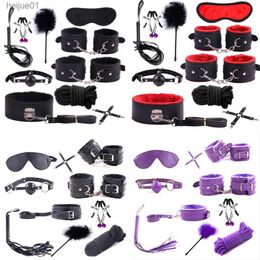 Adult Toys BDSM Bondage Set Restraint Handcuffs Ankle Cuffs Nipples Clamps Rope Whip Collar Mouth Gag Fetish Sex Toys for Couples Women Men L230518