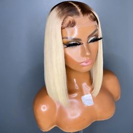 New Ombre Honey Blonde Brazilian Hair 13x4 Lace Front Short Bob Wig Transparent Pixie Cut 613 Synthetic Frontal Wigs For Women 5d