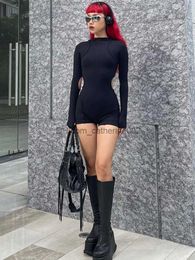 Women's Jumpsuits Rompers Solid Black Rompers Womens Jumpsuit High Waist Hollow Out Bodycon Playsuit Long Sleeve Sexy Bodysuit Y2k One Piece Ropa De Mujer T230531