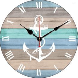 Wall Clocks Decorative Home Clock Blue Wood Stripe White Nautical Anchor Marine Theme Watches Duvar Saati Teen Room Decoration