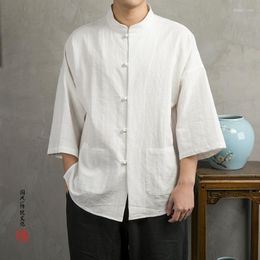 Men's Casual Shirts Summer Chinese Style Three-Quarter Sleeve Shirt Plus Size Loose Tai Chi Clothing Cotton Linen Top Men Oversized