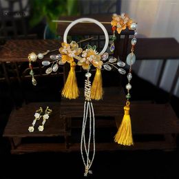 Necklace Earrings Set Chinese Wedding Hair Pendant Headpiece Sticks Forks Flower Hairpins Clips Earring Pearl Head Jewelry For Women