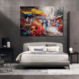 Beautiful Marketplace Canvas Art Hand Painted Impressionist Willem Haenraets Painting Street Landscape for Office Decoration