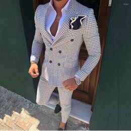 Men's Suits Casual Plaid Men Double Breasted Wedding Tuxedos Peaked Lapel Groom Beach Suit Slim Fit Blazer Pant Sets Costume Homme