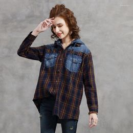 Women's T Shirts Fashion Baggy Women's 2023 Spring And Autumn Hooded Cardigan Vintage Plaid Denim Panel Style Long Sleeve Shirt Top