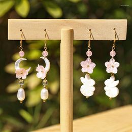 Stud Earrings 2pcs Handmade Chinese Vintage Moon Pink Shell Flower Eardrop Hanfu Women Accessories N