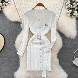 Casual Dresses Elegant White V-neck Waist Slim Knit Dress Women Hip Wrap Elastic For Autumn Spring Long Sleeve With Diamond Button Belt