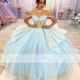 Elegant Light Blue Plus Size Quinceanera Dresses 2023 Off Shoulder Crystal Beads Appliques Vestidos De 15 Anos Corset 322