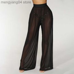 Women's Pants Capris Women See Through Boho Wide Leg High Waist Bikini Trousers Beach Long Loose Mesh Sheer Transparent Pants Hot T230531