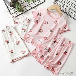 Clothing Sets Girls Full Printing Short Sleeve Tshirt Pants Two-piece Suits 2023 Summer Wear Child New Style Cute Thin Soft Home Clothes