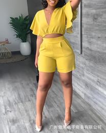 Women's Tracksuits V-Neck Flutter Sleeve Crop Top & Shorts Set Women Solid Color Short Tops Tee T Shirt High Waist Pants Summer