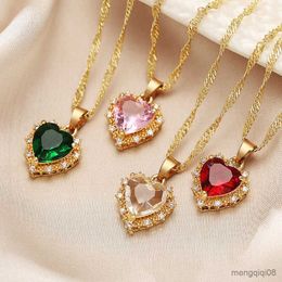 Pendant Necklaces New Fashion Heart Shaped Zirconia Necklace for Women High Quality Red Love Mother Day Valentine Gift Jewelry